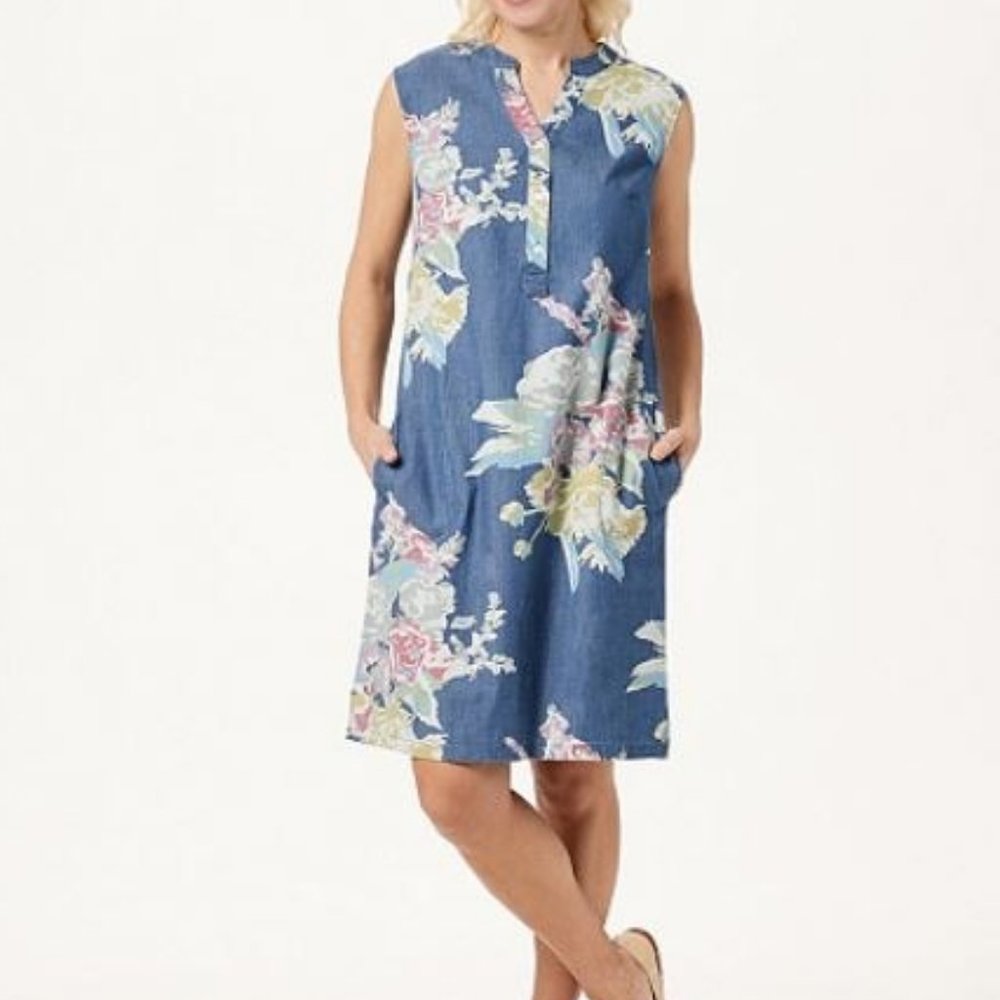 Denim & Co Stretch Denim Floral Print A-Line Dress